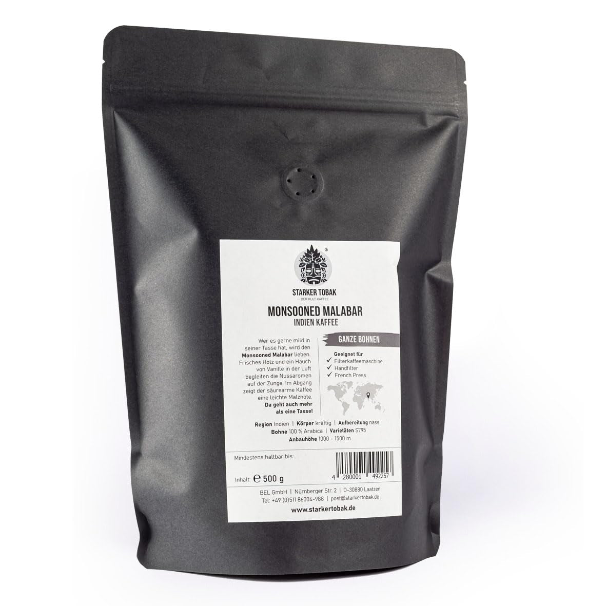 STARKER TOBAK Café Malabar Monzón, grano entero, tostado a mano - tostado medio, India, 100% arábica, apto para café filtrado, prensa francesa, cafeteras totalmente automáticas, suave para el estómago - acidez extra baja
