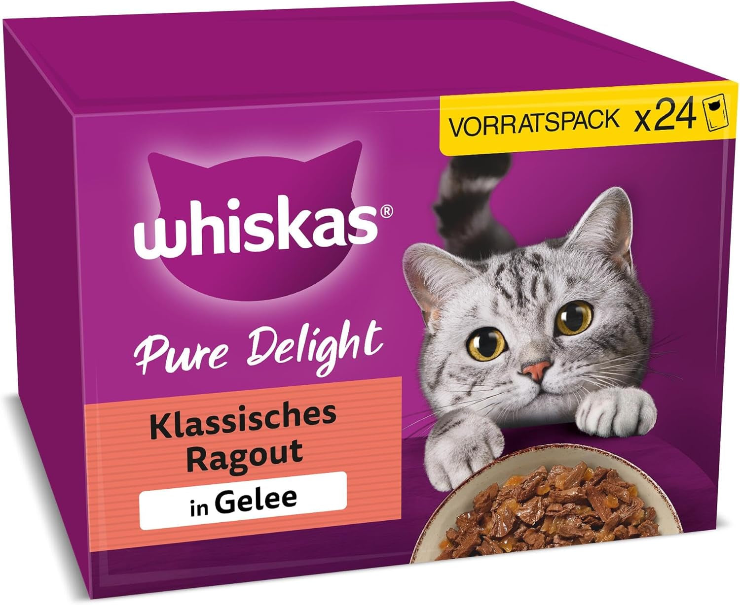 WHISKAS PURE DELIGHT Comida húmeda en gelatina 24 x 85g Ragú clásico (4 paquetes) 48 sobres racionados