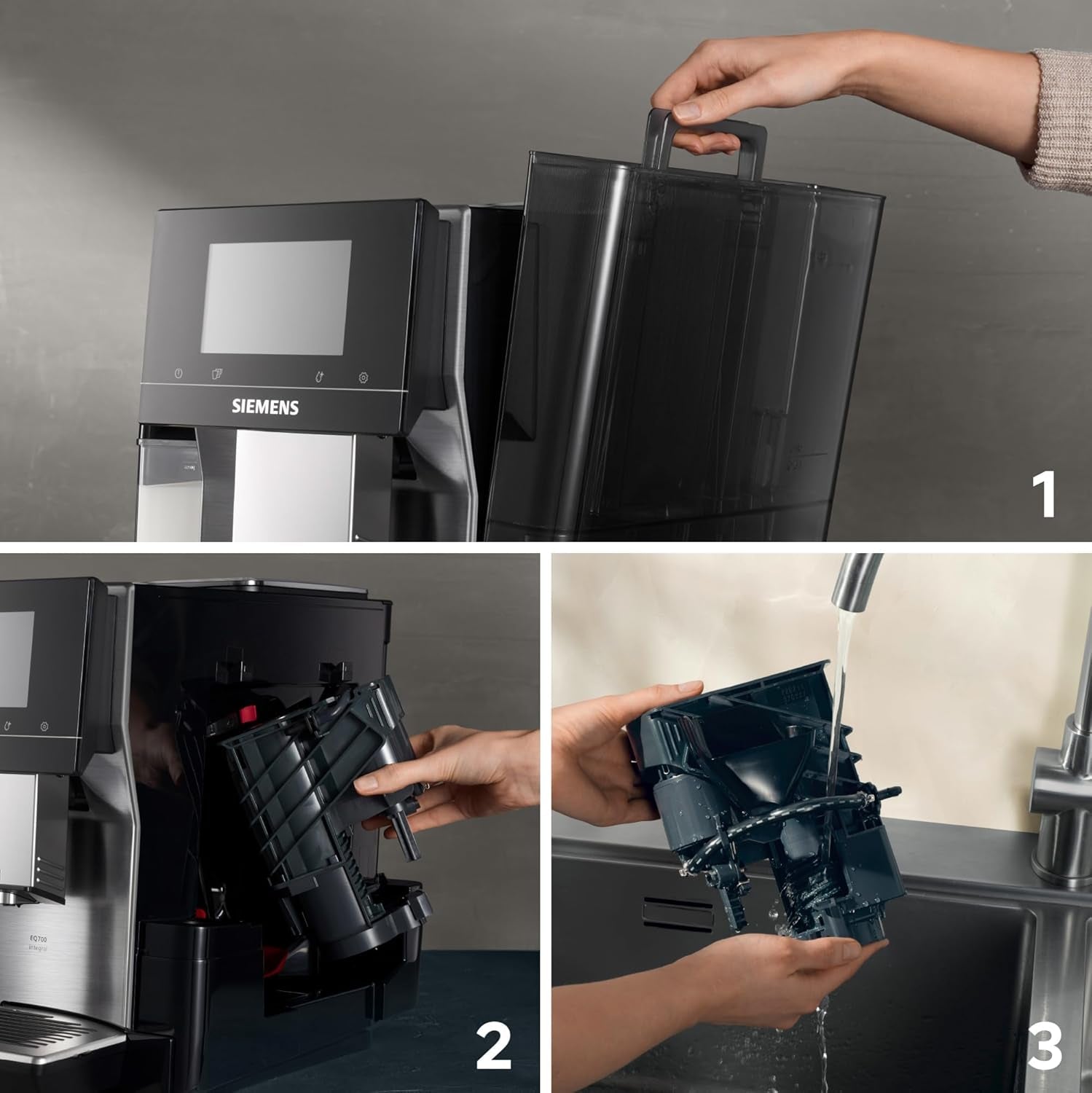 Cafetera espresso totalmente automática Siemens EQ700, pantalla TFT a color grande, 36 bebidas frías y calientes, cerveza fría, función 2 tazas, control por aplicación, sistema de limpieza automático, acero inoxidable negro, TQ717D03