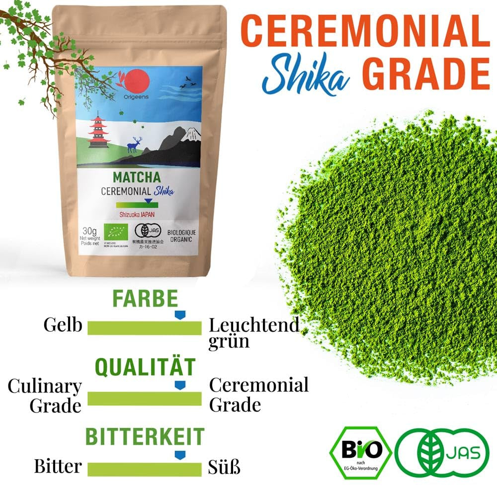 ORIGEENS BIO MATCHA CEREMONIAL GRADO "SHIKA" - Té Japonés Orgánico de Shizuoka - Matcha Latte/Usucha - Bolsa de Recarga de 30g - Té Verde Matcha Orgánico de Grado Ceremonial en Polvo