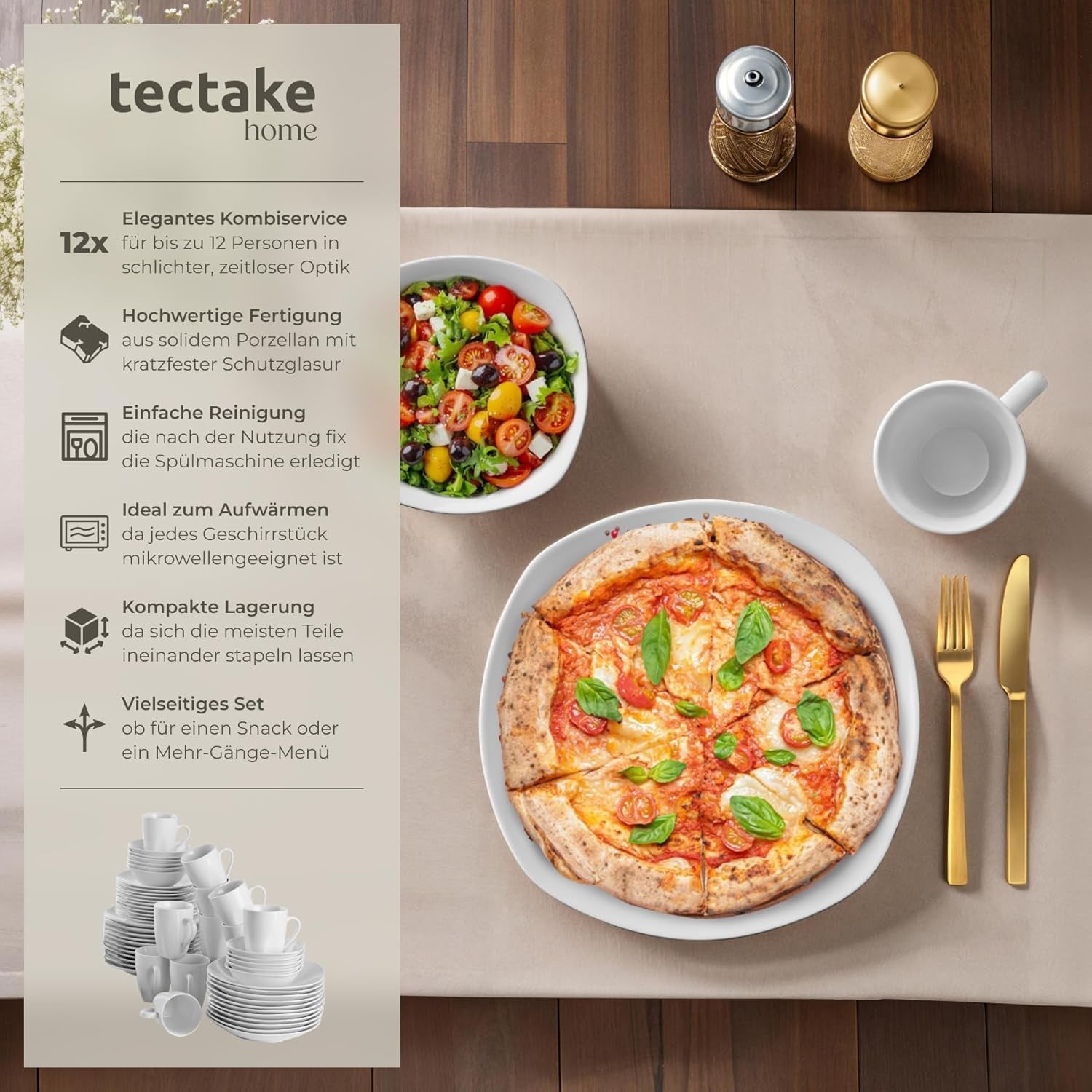 tectake® Vajilla para 12 personas, vajilla de porcelana de 100 piezas, incluye 12 platos, 12 platos de postre, 12 platos llanos, 12 tazas, 12 cuencos de cereales, ensaladera, lechera y azucarero