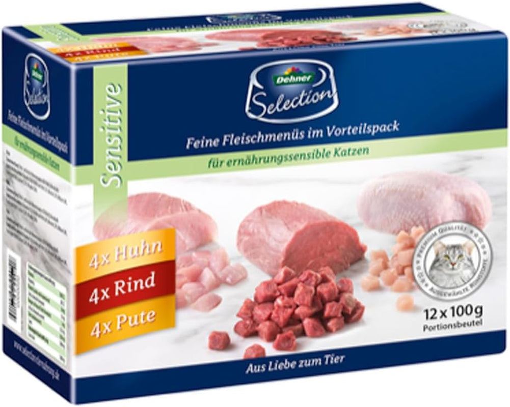 Dehner Premium Katzenfutter Sensitive Multipack, Nassfutter, para Katzen sensibles, je 4 x Huhn / Rind / Pute, 12 x 100 g Bolsa (1,2 kg)