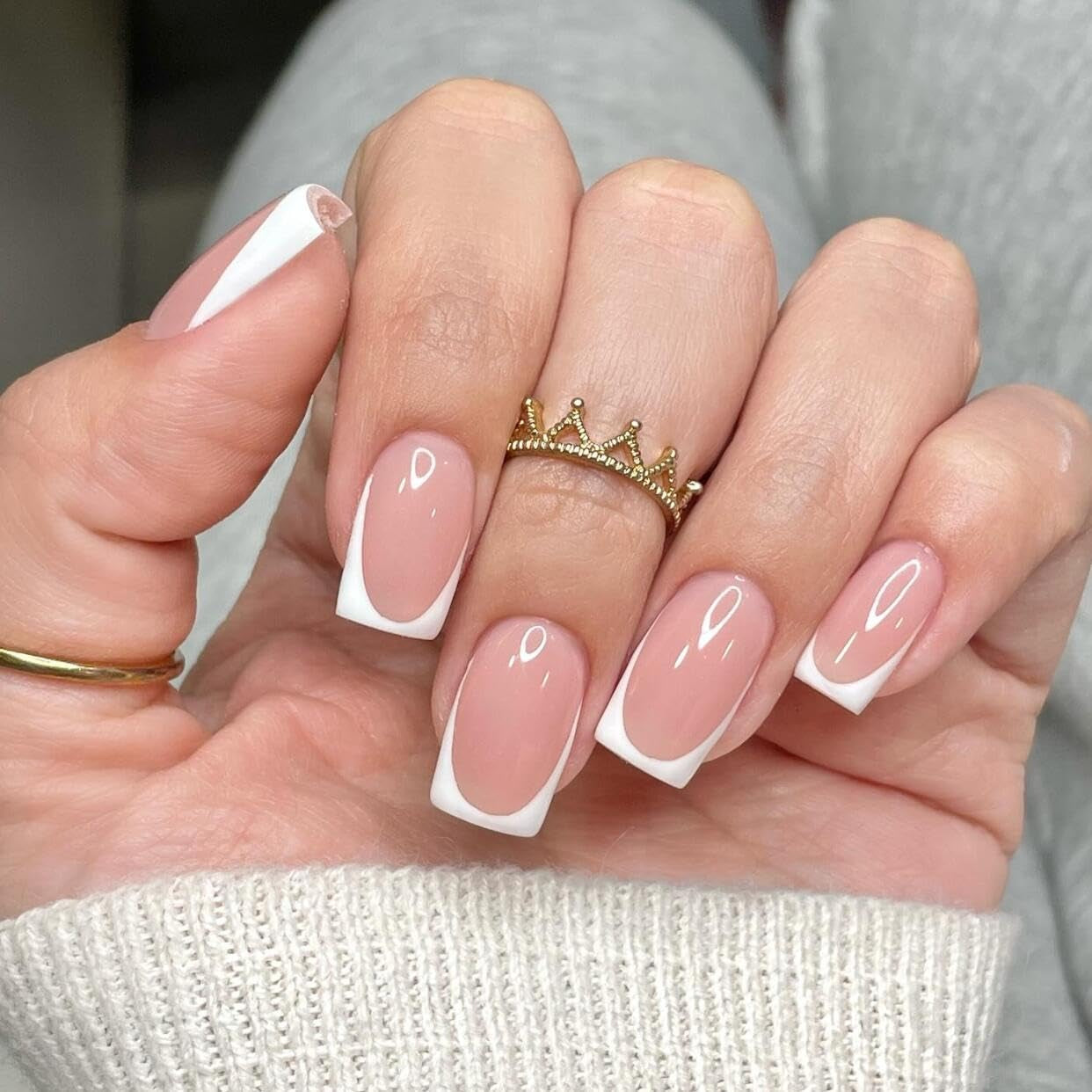 Puntas francesas largas, pegamento con purpurina dorada en uñas cuadradas largas, juego de uñas postizas con punta francesa y purpurina, uñas artificiales cuadradas para mujer, 24 Uds.