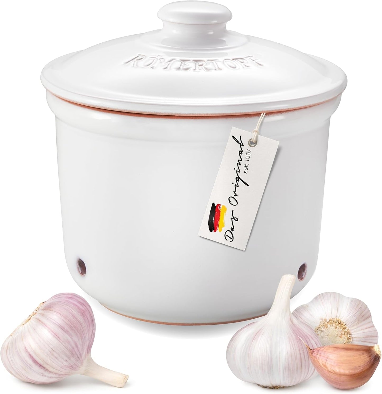 Römertopf Fresh Pot MINI 0,6 litros - Olla de cerámica para ajos - La arcilla transpirable mantiene las verduras frescas durante más tiempo - Circulación de aire ideal - Cajas de almacenamiento de alimentos blancas Naty Shop Default title