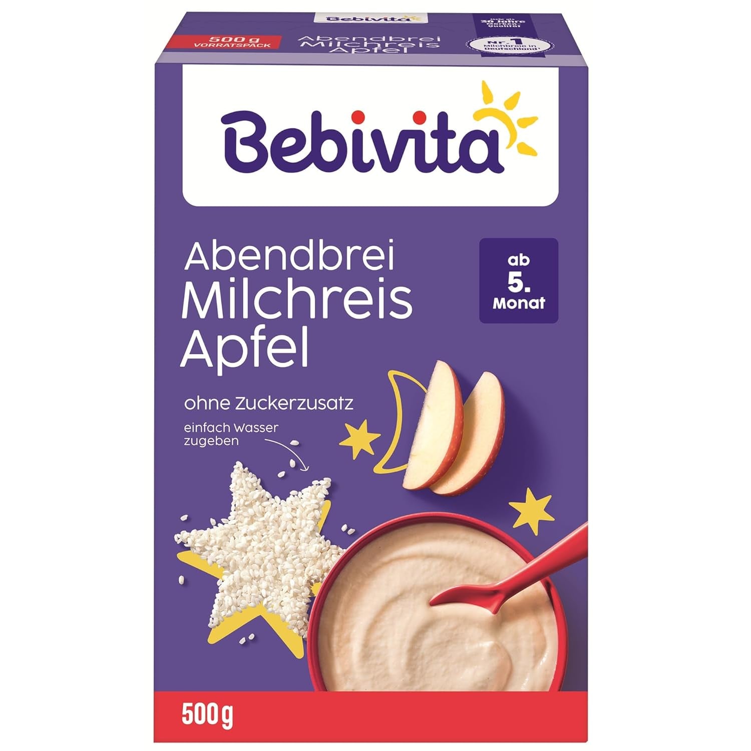 Arroz con leche con manzanas y papilla de noche (4x500 g), papilla de leche a partir de 5 meses, con valiosos minerales y vitaminas, sin azúcares añadidos, muy saciante
