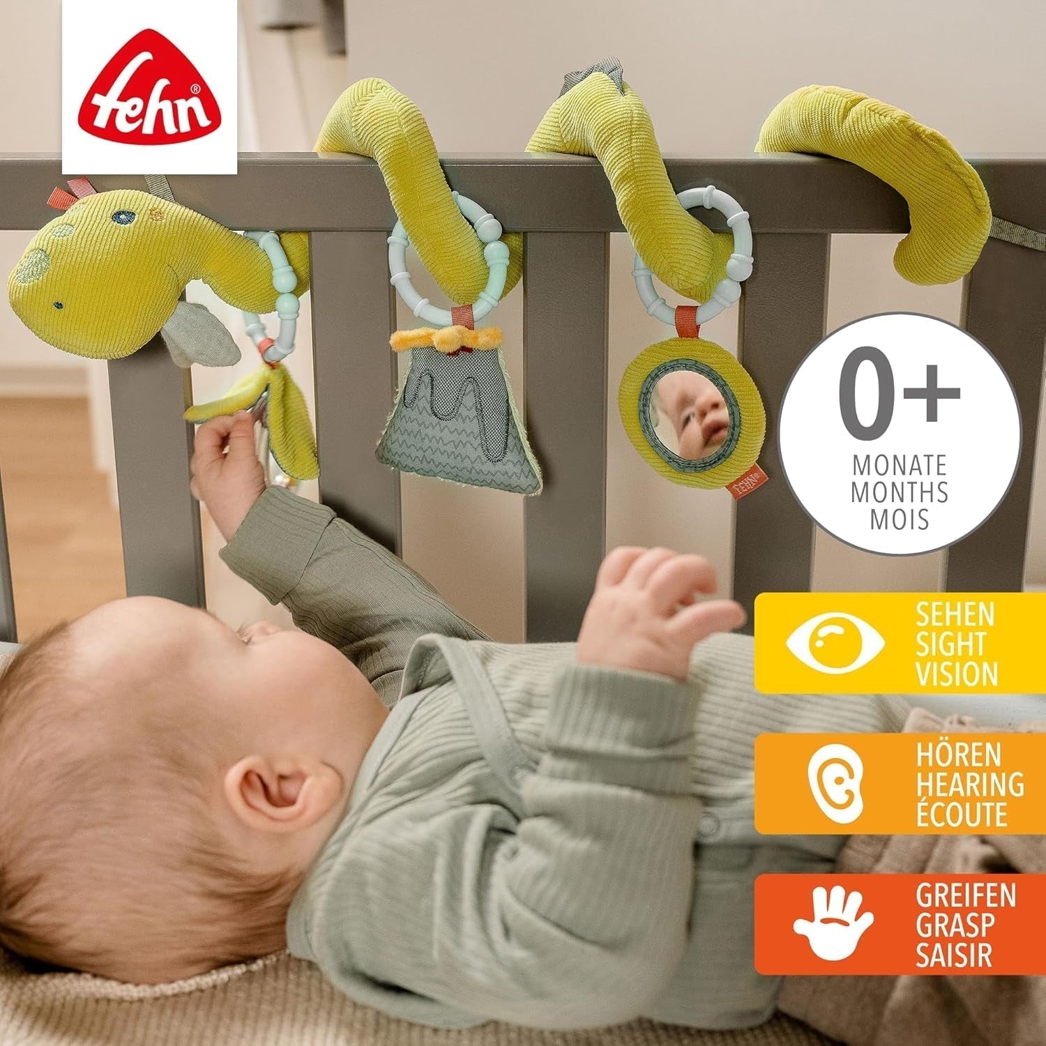 Fehn Activity Spiral Dino - juguete para cochecito de empujar y tirar - juguete dinosaurio bebé para cama, parque infantil, cochecito y silla de coche - juguete de actividad motora para bebés y niños pequeños a partir de 0 meses Baby Toys Naty Shop