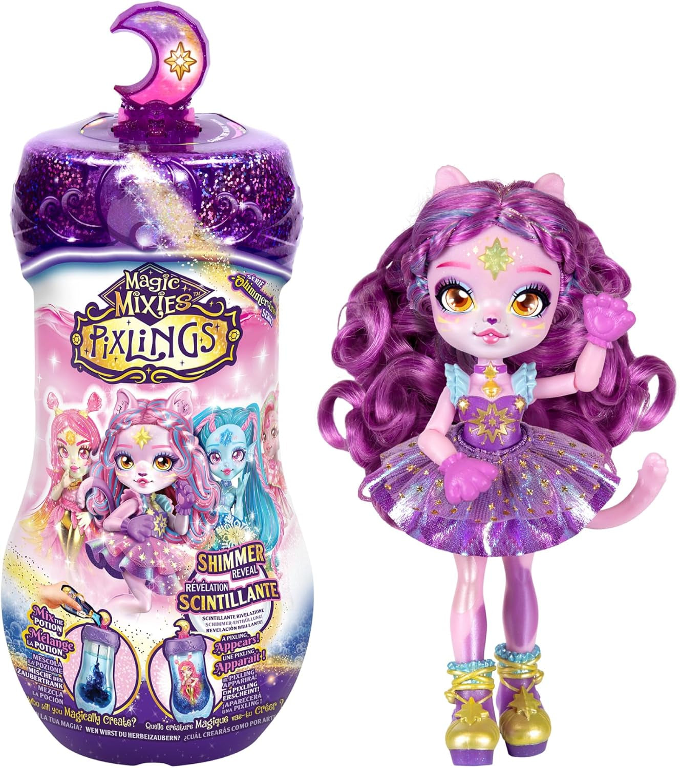 Pixlings Muñecas mágicas, 4 muñecas surtidas - 2 nuevas - Muñeca de moda de 15 cm - Pociones mágicas - Juguete de pociones secretas (MG101000)