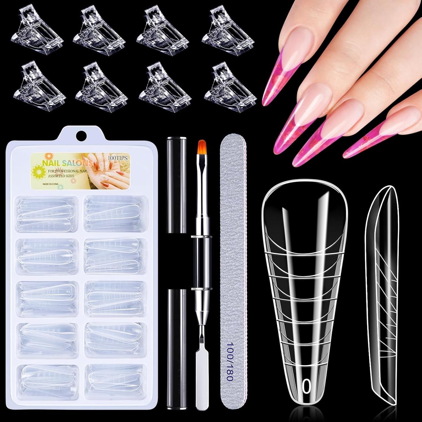 Juego de formas de uñas de 120 piezas, extensiones de uñas, formas de uñas de gel, juego de formas de uñas con cepillo de doble cabeza y lima de uñas con clips, para uñas de gel