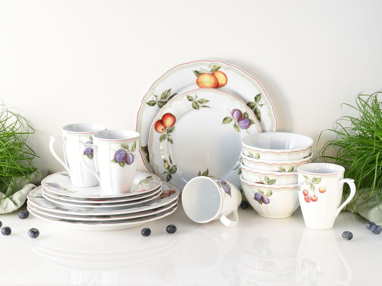 CreaTable, 16999, serie Flora ORCHARD, juego de vajilla de 16 piezas para 4, servicio combinado de porcelana, apto para lavavajillas y microondas, fabricado en Europa