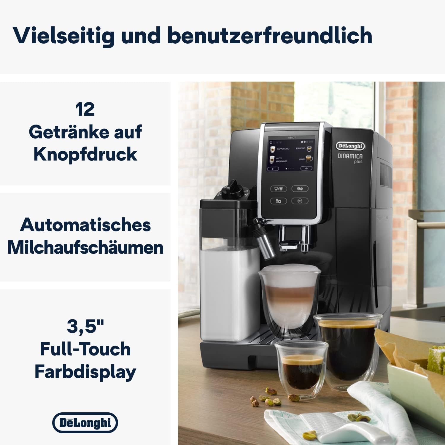 De'Longhi Dinamica Plus ECAM 370.70.B Cafetera espresso totalmente automática con sistema de leche LatteCrema, capuchino y espresso, pantalla táctil a color TFT de 3,5 pulgadas y control mediante aplicación, función café, negra