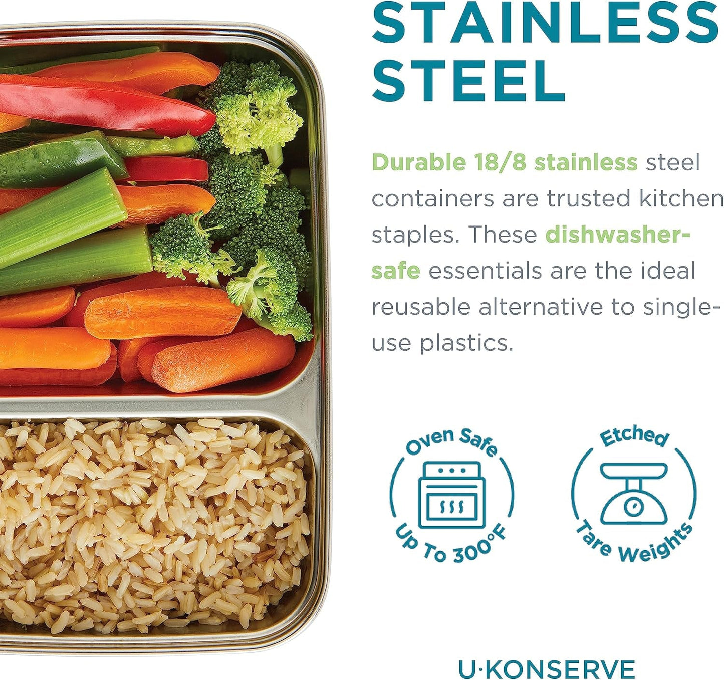 U Konserve - Recipiente para alimentos rectangular dividido de acero inoxidable con tapa de silicona - Island Teal - Cajas de almacenamiento de alimentos de 28 oz / 825 ml Naty Shop