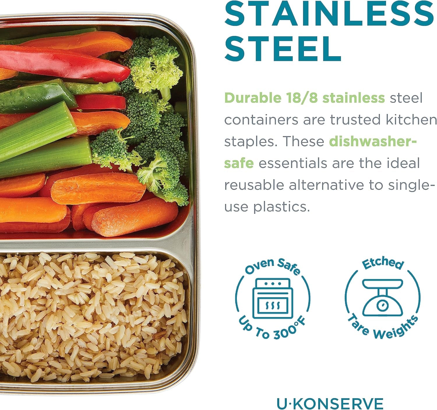 U Konserve - Recipiente para alimentos rectangular dividido de acero inoxidable con tapa de silicona - Island Teal - Cajas de almacenamiento de alimentos de 28 oz / 825 ml Naty Shop