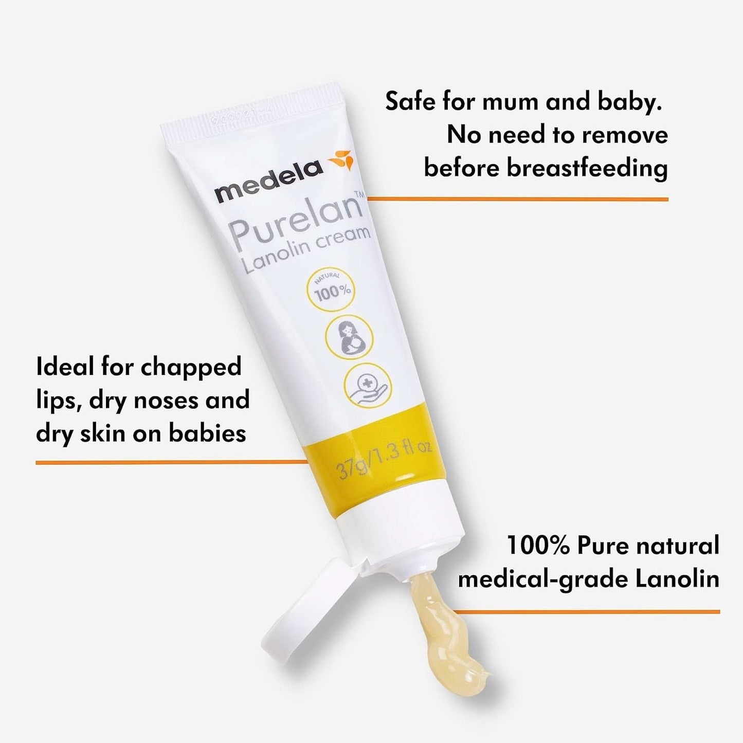 Medela Purelan 37G Lanolin Nipple Cream - crema para pezones doloridos y piel seca, 100% natural, hipoalergénica Accesorios Alimentación y Lactancia Bebe Naty Shop