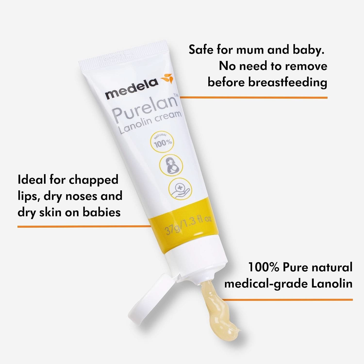 Medela Purelan 37G Lanolin Nipple Cream - crema para pezones doloridos y piel seca, 100% natural, hipoalergénica Accesorios Alimentación y Lactancia Bebe Naty Shop