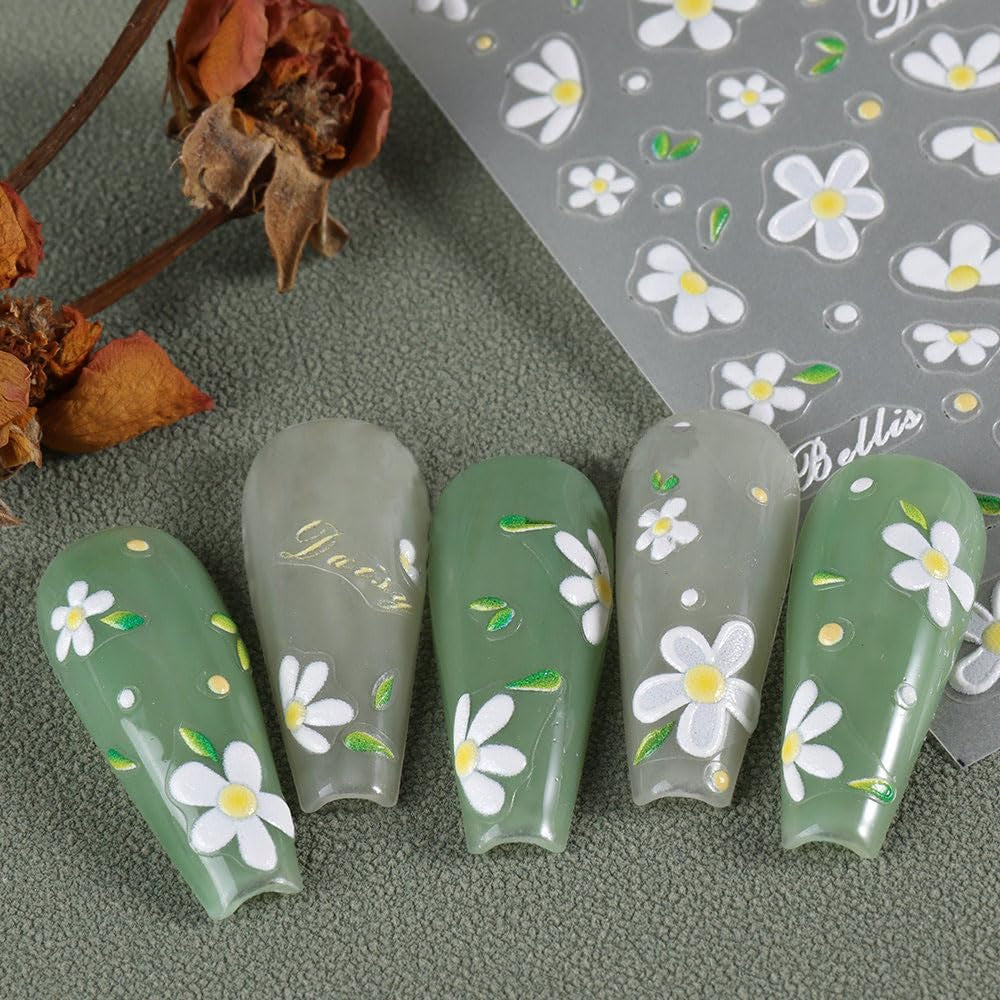 5 uds Geprägte Gänseblümchen Nagelsticker Selbstklebend Blumen Nagelaufkleber Gänseblümchen Schmetterling Nagel Sticker Nageldesign Aufkleber Nägel Zubehör Blume Nail Sticker Flower Nail Art Stickers