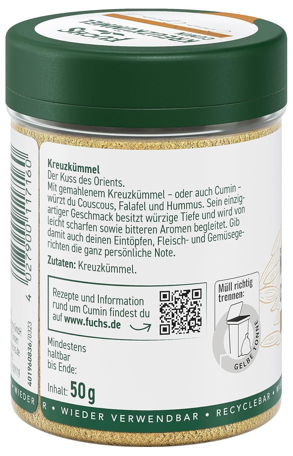Fuchs Gewürze - Kreuzkümmel gemahlen - zum Würzen von Couscous, Hummus und Falafel - ingredientes naturales - 50 g en wiederverwendbarer, recyclebarer Dosis