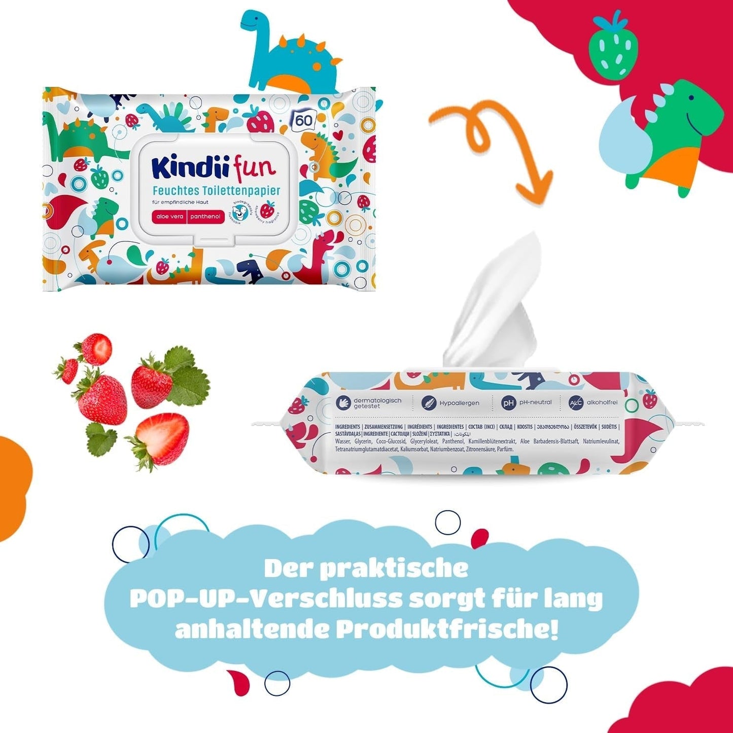 Kindii Fun Papel Higiénico Húmedo - (10X60 piezas) Papel Higiénico Húmedo - Manzanilla, Aloe Vera, Ph-Neutro, Hidrable, Refresca la zona íntima - 600 piezas