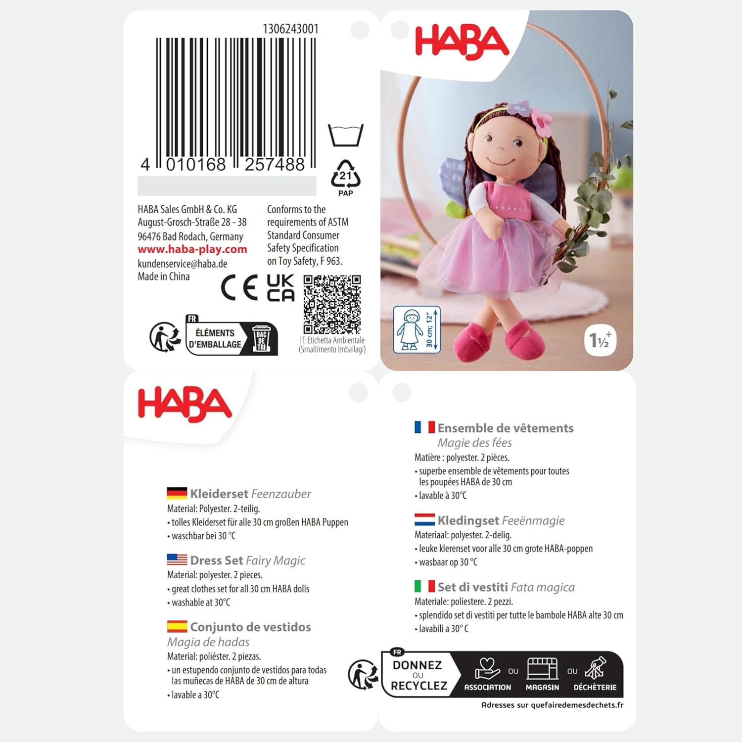 HABA Ropa para muñecas Fairy Magic - Juego de 2 piezas para muñecas de 18 meses en adelante (30 cm) - Vestido de tul con alas, diadema de flores incluida - 1306243001