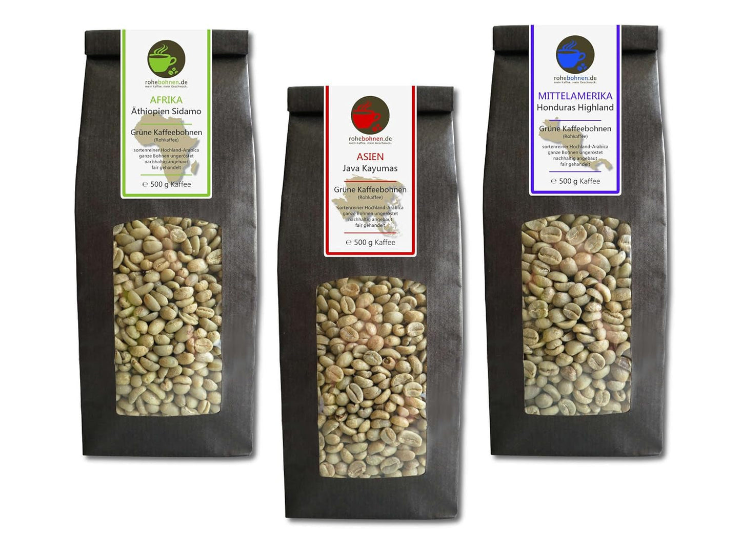 Café crudo - Café verde orgánico de Etiopía, Java y Honduras (paquete reducido en granos de café verde 3x500 g) - Certificado GMP