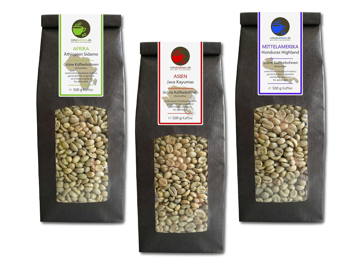 Café crudo - Café verde orgánico de Etiopía, Java y Honduras (paquete reducido en granos de café verde 3x500 g) - Certificado GMP