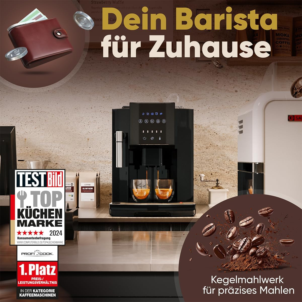 Cafetera espresso ProfiCook® totalmente automática con espumador de leche para capuchino | Molinillo cónico | con función de calentamiento de tazas | Bomba profesional italiana | Pantalla táctil | Café expreso | PC KAV 1281