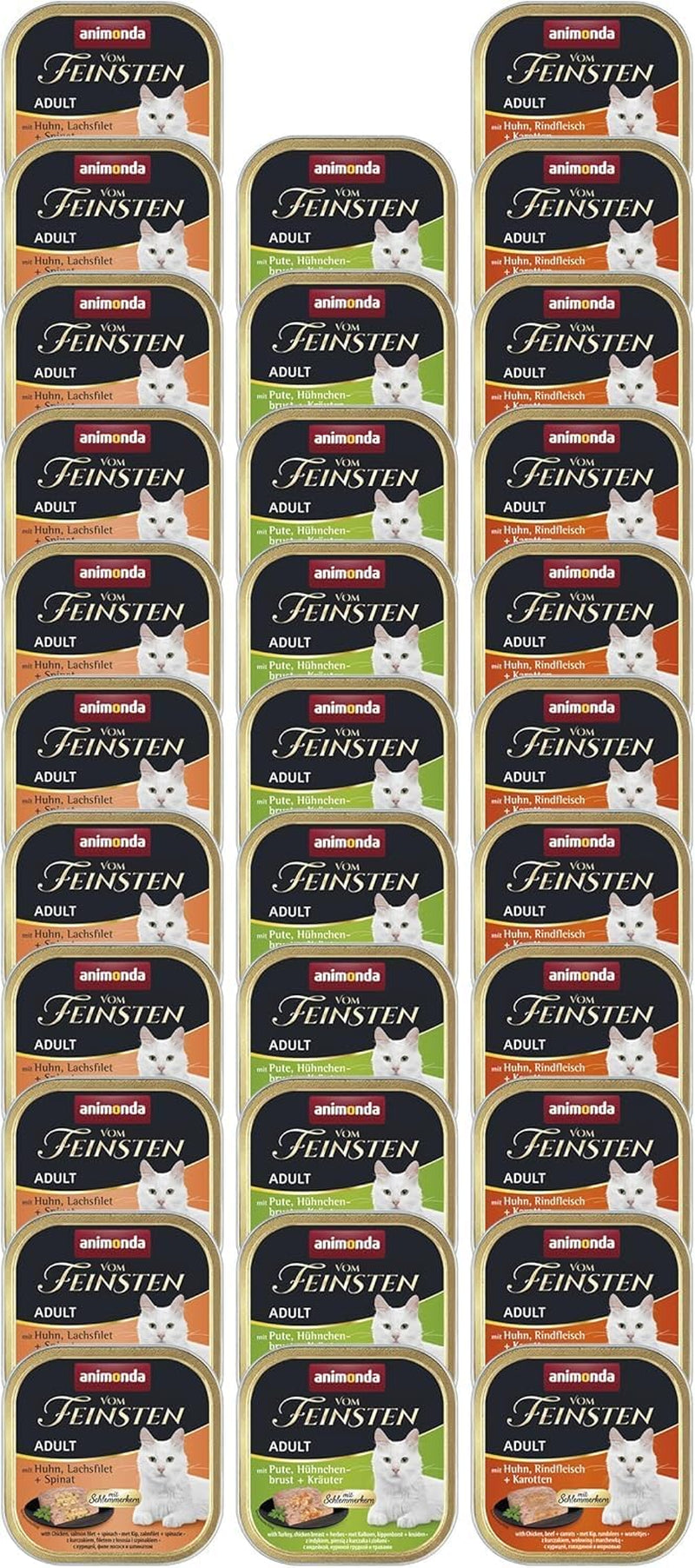 animonda Vom Feinsten Adult Gourmet Variety (32 x 100 g), comida húmeda sin cereales y sin azúcar para gatos adultos con un irresistible núcleo gourmet.
