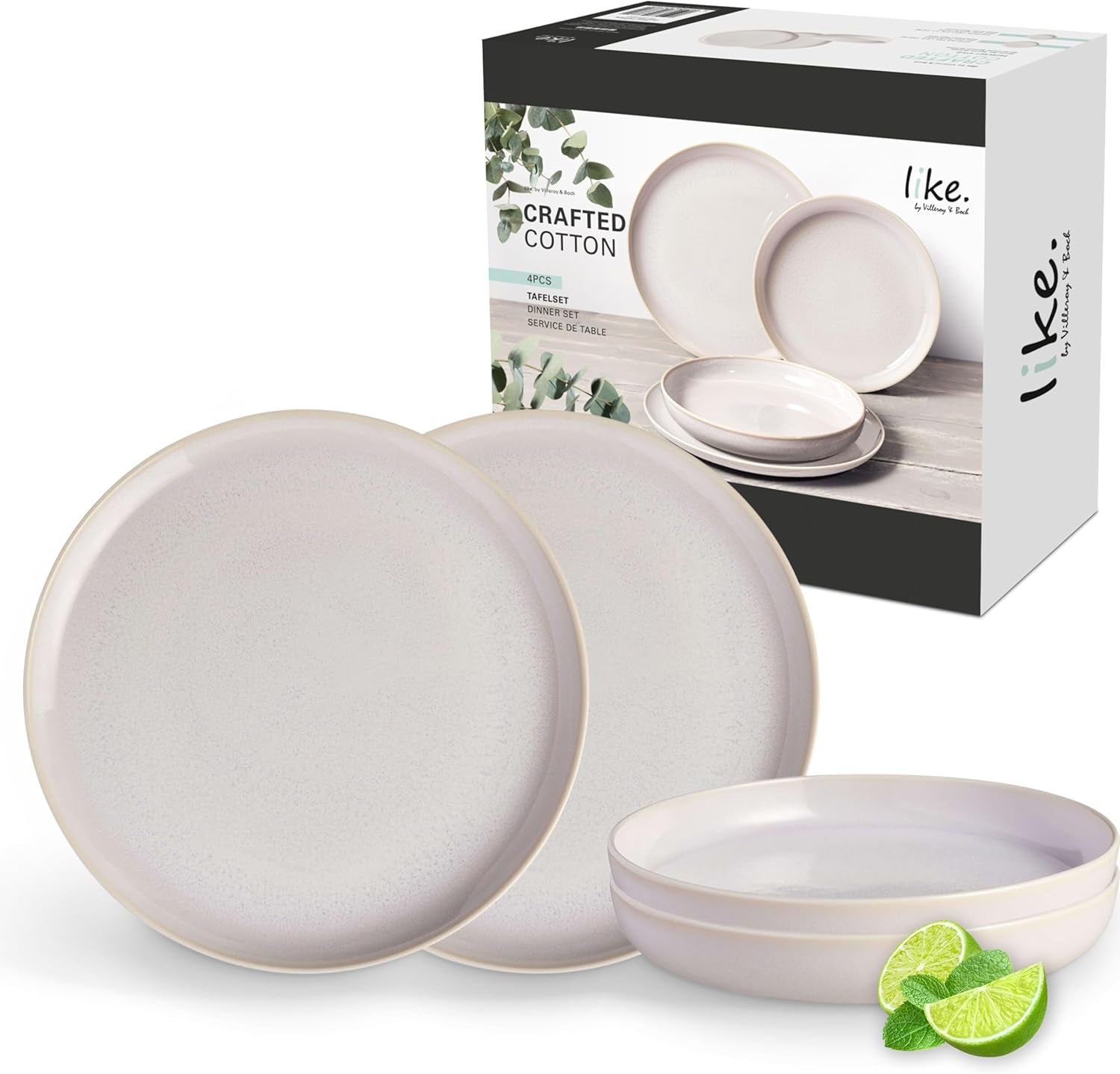 como. de Villeroy & Boch – Vajilla de algodón artesanal 4 teilig Weiß, Spülmaschinenfest, Mikrowellensicher, Geschirrset, Tafelservice Modern, Speiseteller, Tiefe Teller, Pottery-Look, Premium Porzellan