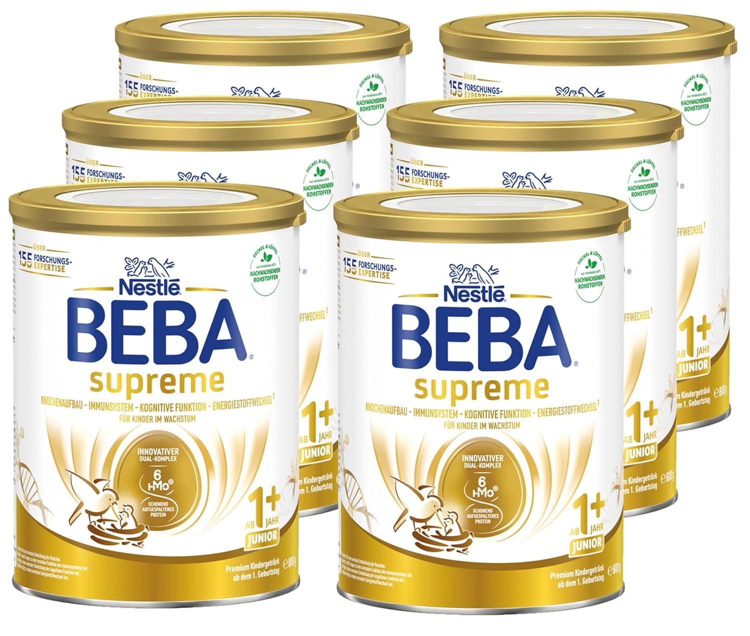 BEBA SUPREME JUNIOR 1 Plus - Bebida para niños a partir de 1 año, con complejo 6 HMO, sin lactosa, sin aceite de palma, sin aceite de pescado, comida para niños pequeños, leche en polvo para bebés, paquete de 6 (6 x 800g)