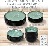 Vajilla para 6 personas de gres cerámico de 24 piezas, diseño Ibiza, GANADOR DE LA PRUEBA. Un precioso juego de vajilla mediterránea que incluye cuencos y platos. Juego de vajilla Pure Living, verde salvia.