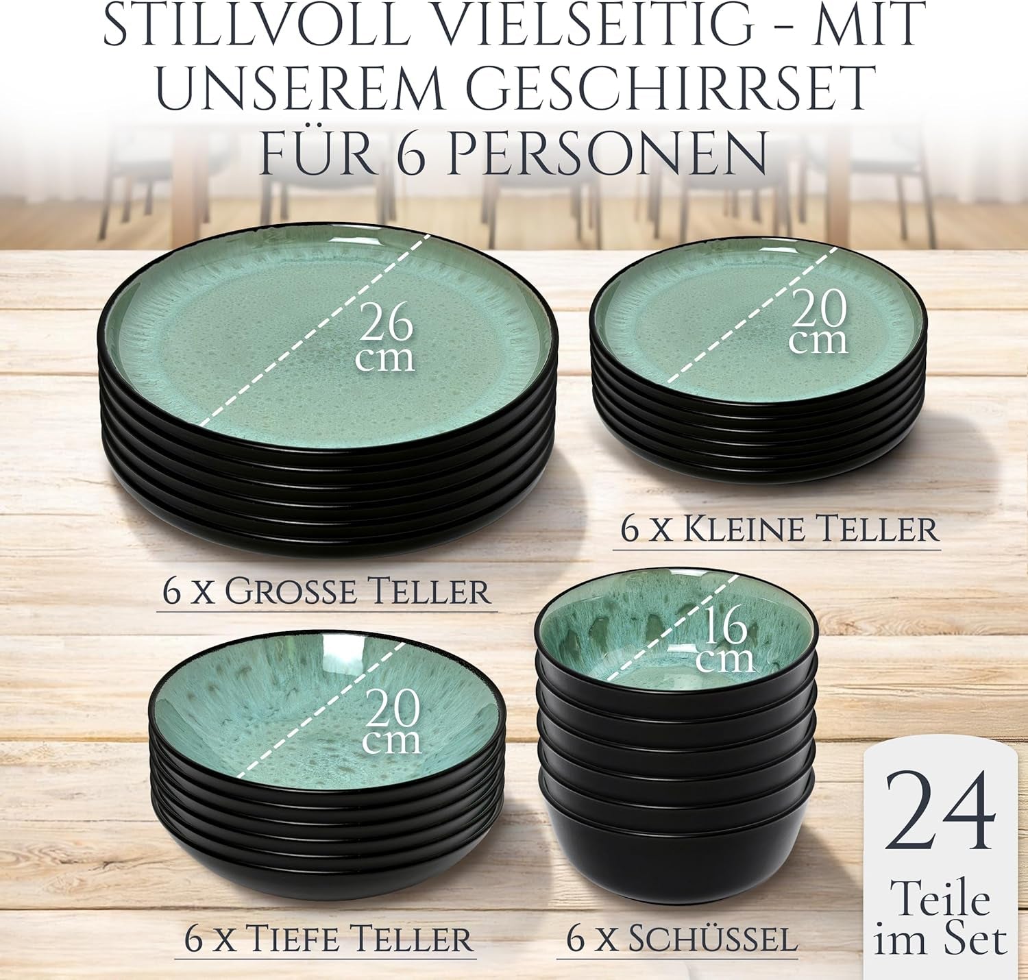 Vajilla para 6 personas de gres cerámico de 24 piezas, diseño Ibiza, GANADOR DE LA PRUEBA. Un precioso juego de vajilla mediterránea que incluye cuencos y platos. Juego de vajilla Pure Living, verde salvia.
