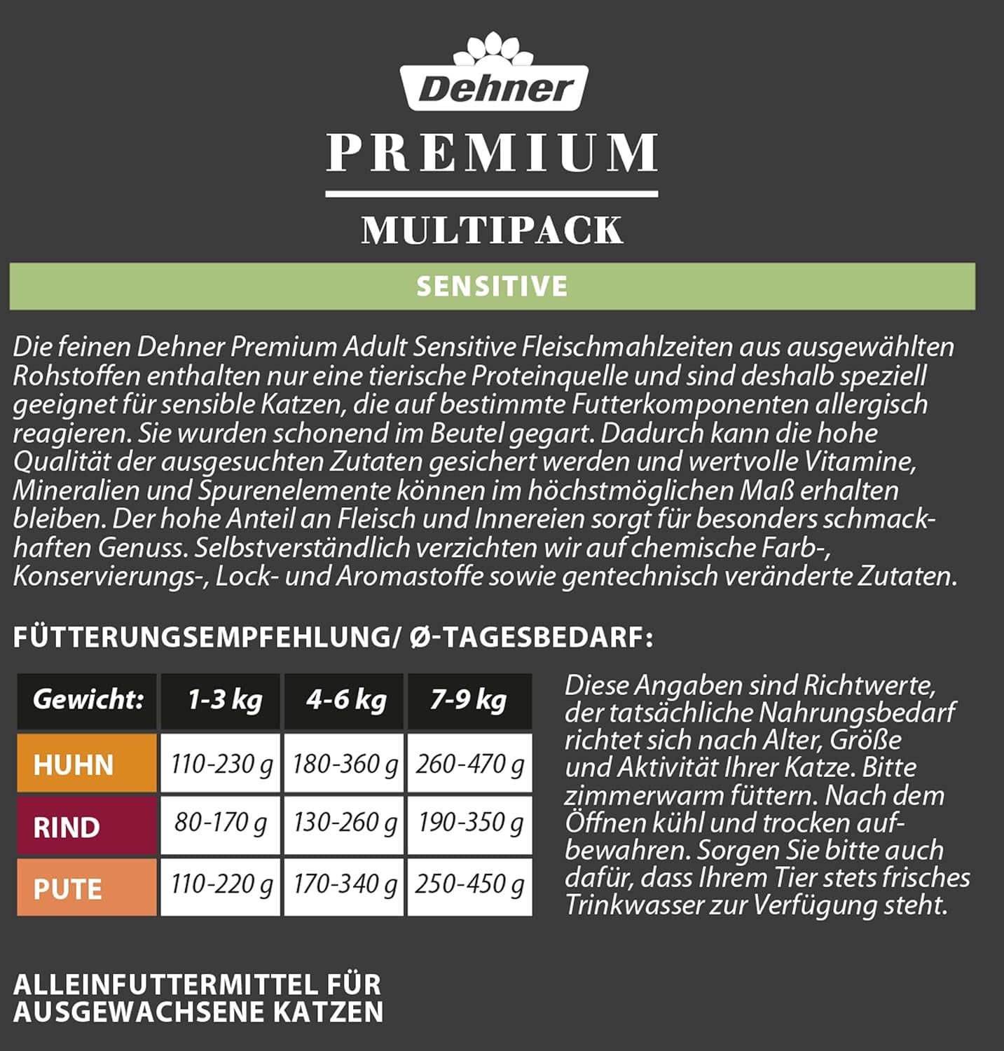 Dehner Premium Katzenfutter Sensitive Multipack, Nassfutter, para Katzen sensibles, je 4 x Huhn / Rind / Pute, 12 x 100 g Bolsa (1,2 kg)