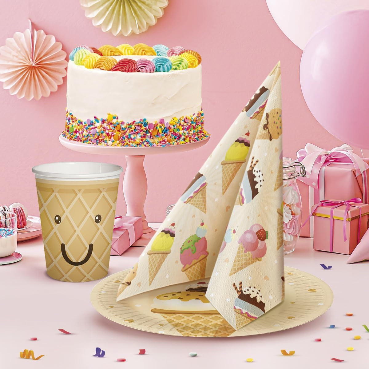 PAW - Servilletas de 3 capas (33 x 33 cm) I 20 piezas I Perfectas para fiestas, cumpleaños, días festivos I Decoración de mesa para fiestas infantiles - Servilletas de papel con motivos de colores - Helado I Helado