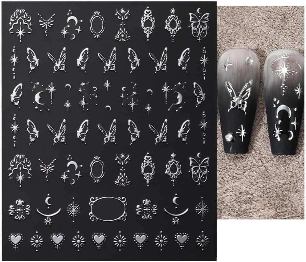 Pegatinas de uñas metálicas plateadas 3D, pegatinas de uñas para mujeres, estrella, luna, sol, láminas para uñas, pegatinas autoadhesivas, pegatinas de uñas de mariposa, pegatinas de uñas, accesorios de diseño de uñas, 8 piezas