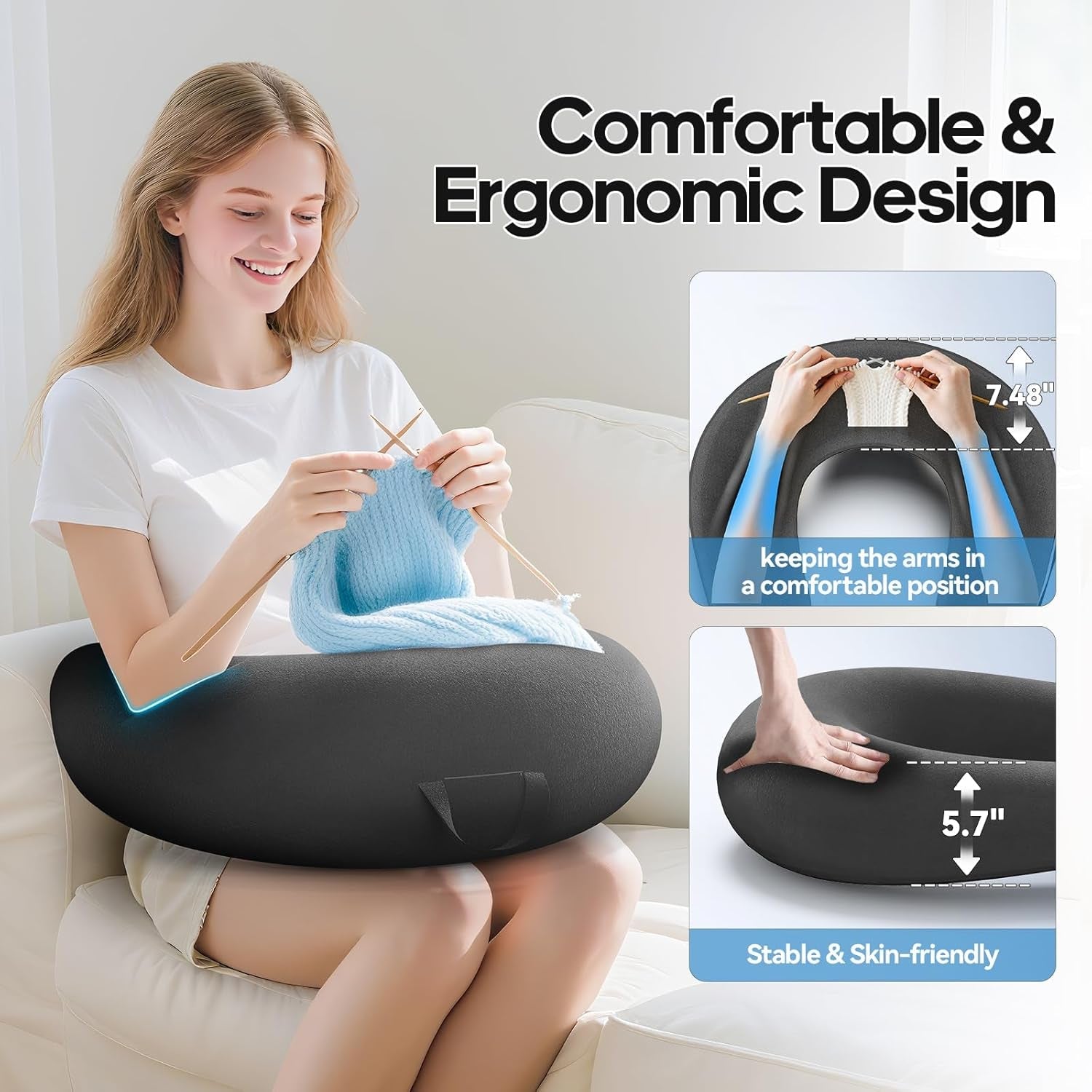 Almohada de lectura y juegos, almohada de lectura para cama/sofá/suelo, almohada de alimentación/ganchillo con gran almohada ergonómica para juegos, almohada de jugador para iPad/portátil - negro
