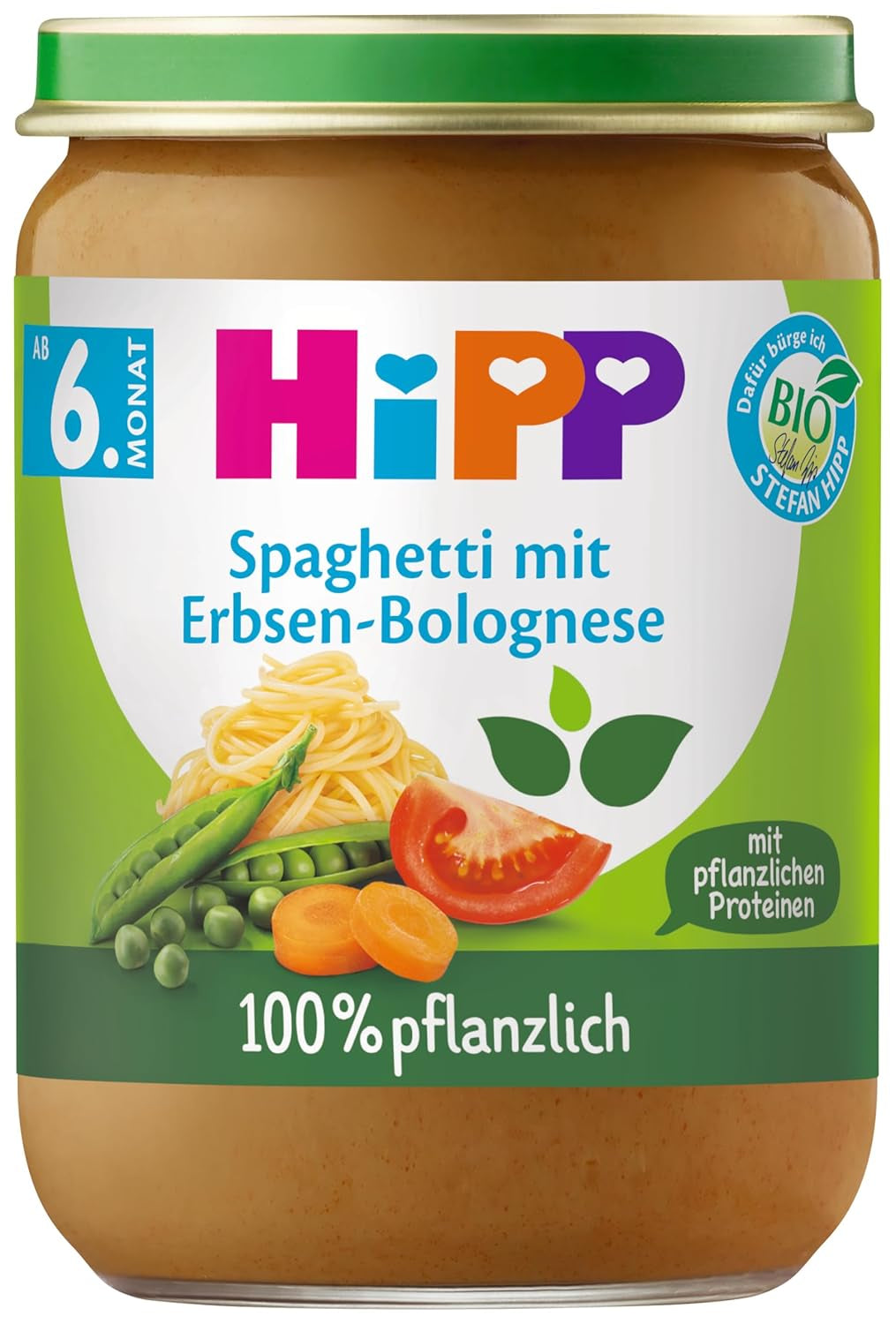 HiPP Espaguetis a la boloñesa con guisantes ecológicos (6 x 190 g), comida para bebés a partir de 5/6 meses, 100 % de origen vegetal, sin sal añadida, la mejor calidad ecológica