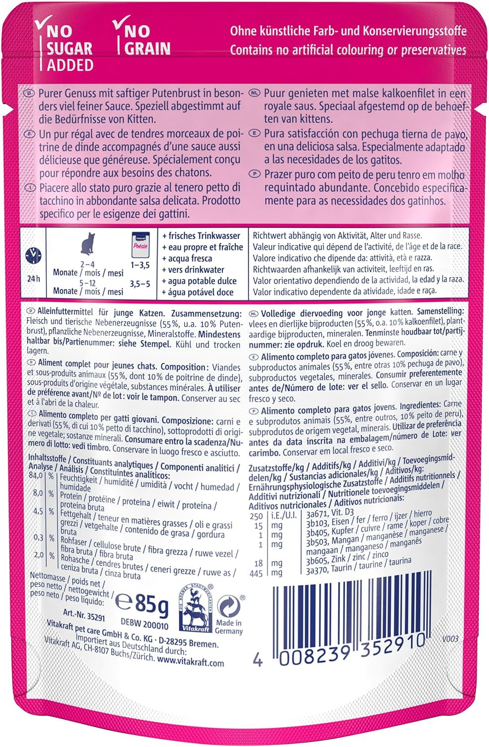 Vitakraft Poésie Délice, Junior, Comida húmeda para gatos, Comida húmeda en salsa, con pavo, Multipack, para gatos jóvenes, Sin azúcares ni cereales añadidos (23 x 85g)
