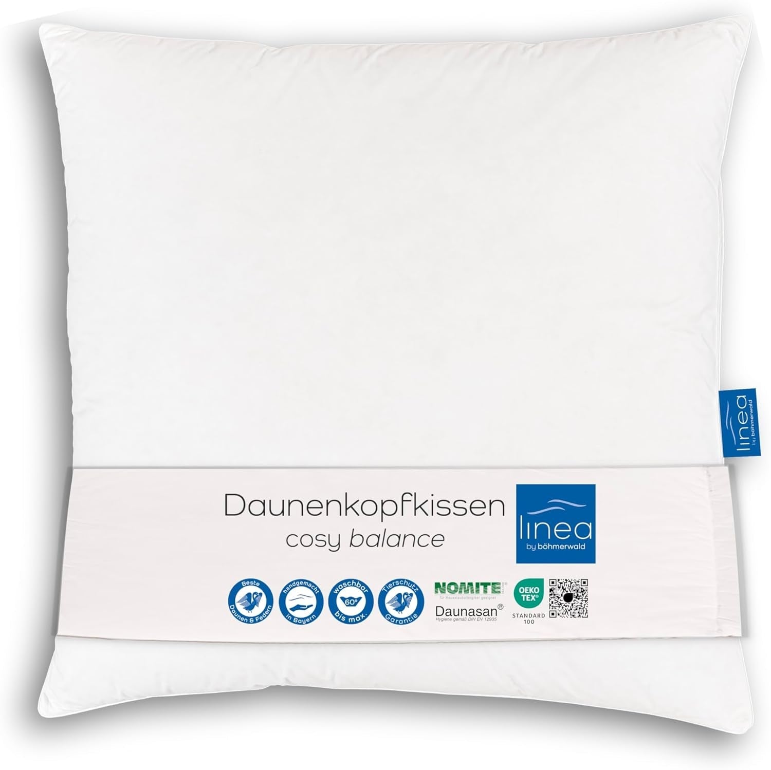 LINEA by Böhmerwald - Cosy - Almohada Balance de alta calidad, 80X80, 70% plumas clase 1, 30% plumón nuevo, apta para alergias, lavable hasta 60°C, fabricada en Alemania Naty Shop almohadas estándar Título predeterminado