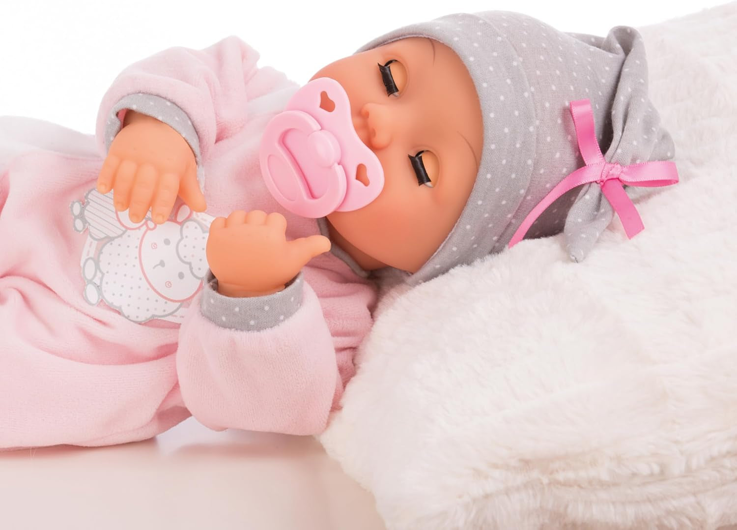 Bayer Design 93829AA My Piccolina muñeca interactiva con función, Muñeca que habla, Mueve la boca, 38 cm, Chupete, Biberón, Rosa, Gris