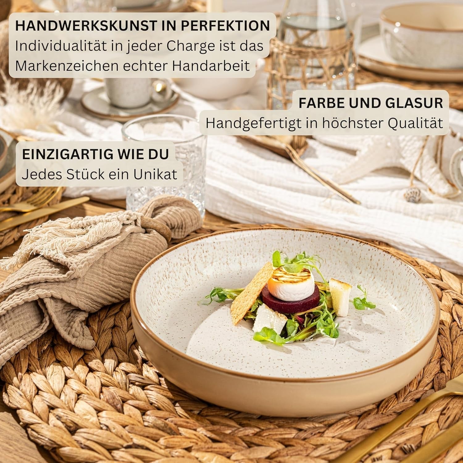 SÄNGER Río Crema | Juego de vajilla de gres de 18 piezas para 6 personas, incluidos 6 platos llanos, 6 platos de postre y 6 tazones | LA COLECCIÓN DE VALOR