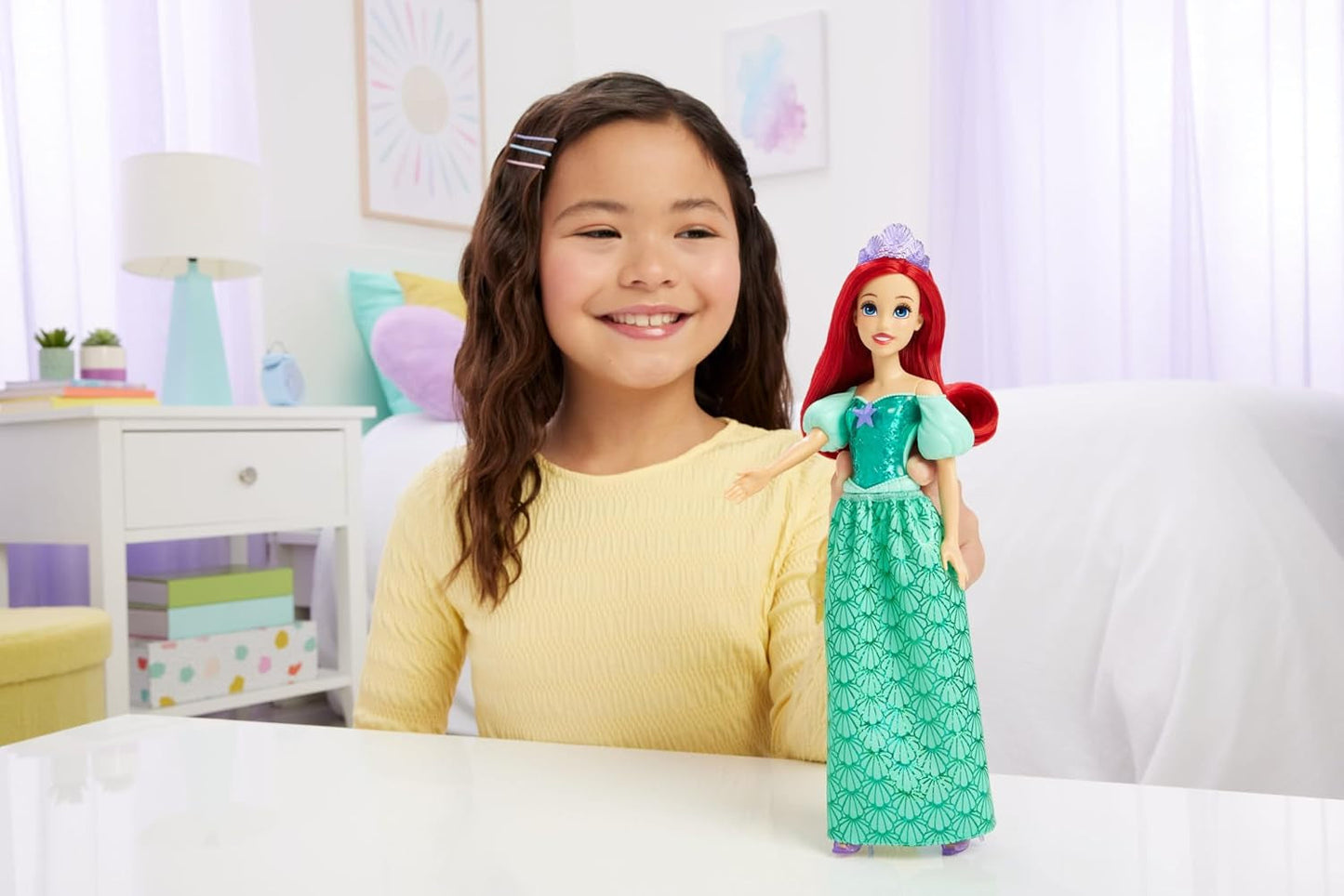 Mattel Disney Princess Ariel Doll, cabello largo, posicionable, zapatos y diadema desmontables, regalos de Disney, juguete para edades de 3 años en adelante, HLW10