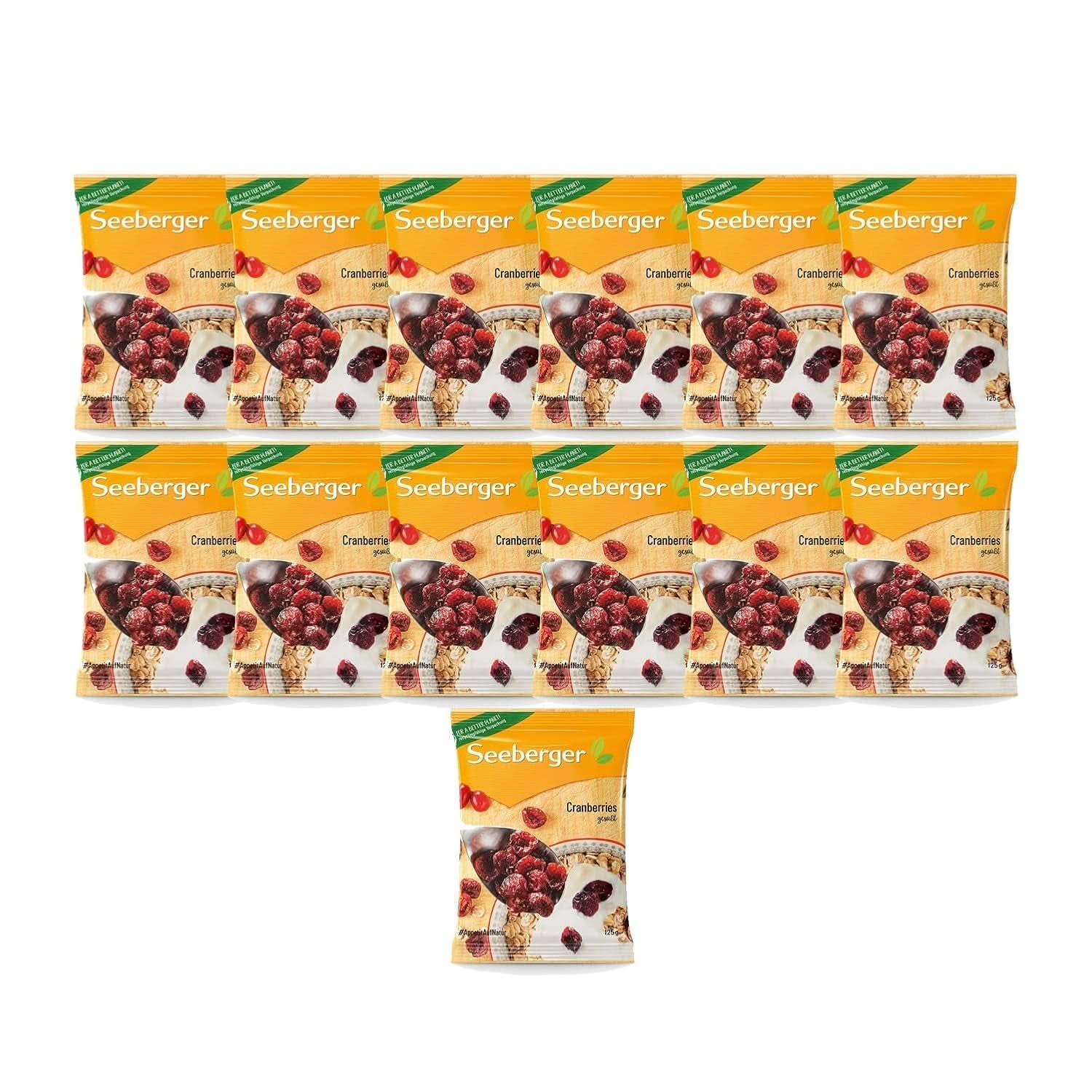 Seeberger Cranberries, arándanos canadienses partidos por la mitad, afrutados y dulces, 13 x 125 gramos Naty Shop Productos Deshidratados