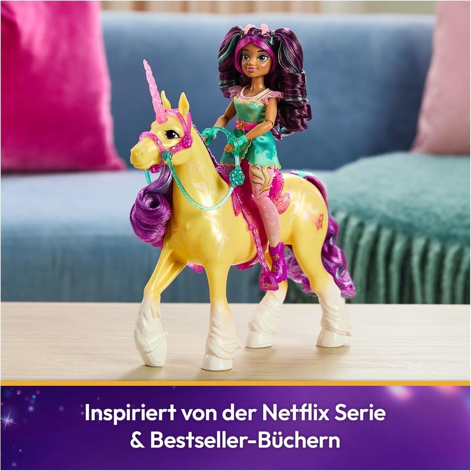 Unicorn Leaf Unicorn Academy: unicornio Ava original de 28 cm de altura de la serie Netflix con melena y cola reales, brida, silla y cepillo extraíbles, para niños a partir de 4 años