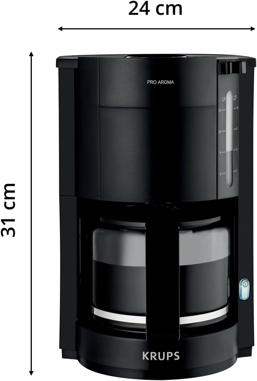Krups F30908 ProAroma Cafetera espresso con filtro y jarra de cristal, capacidad 1,25 l, 10-15 tazas, 1050 W, negra