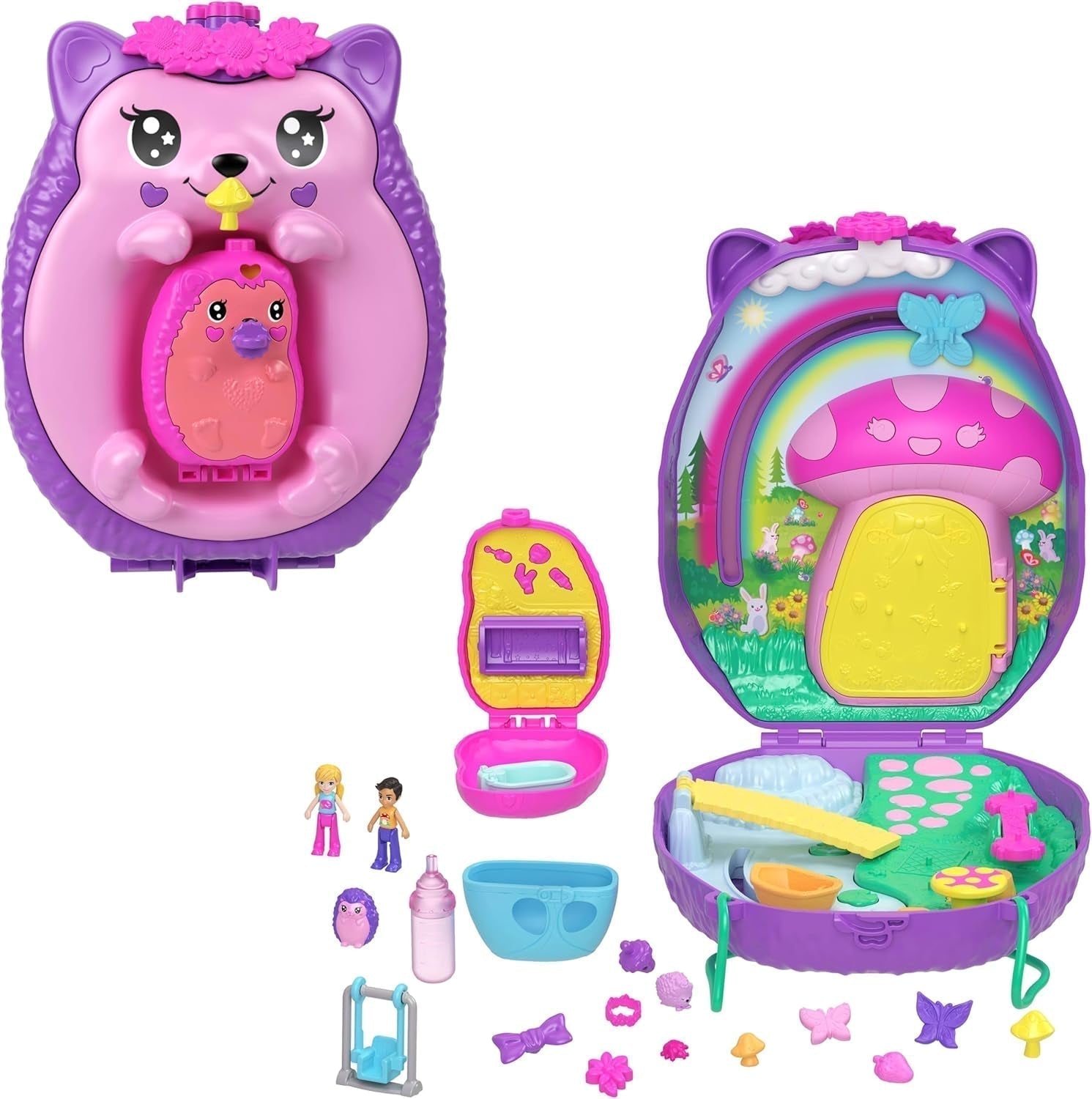 Polly Pocket GKJ64 - Caja portátil de bolsillo de piña con 8 funciones divertidas, muñecas Polly y Purple, 2 accesorios y hoja de pegatinas; juguete para niños a partir de 4 años Pupusi Naty Shop Mamma erizo niño