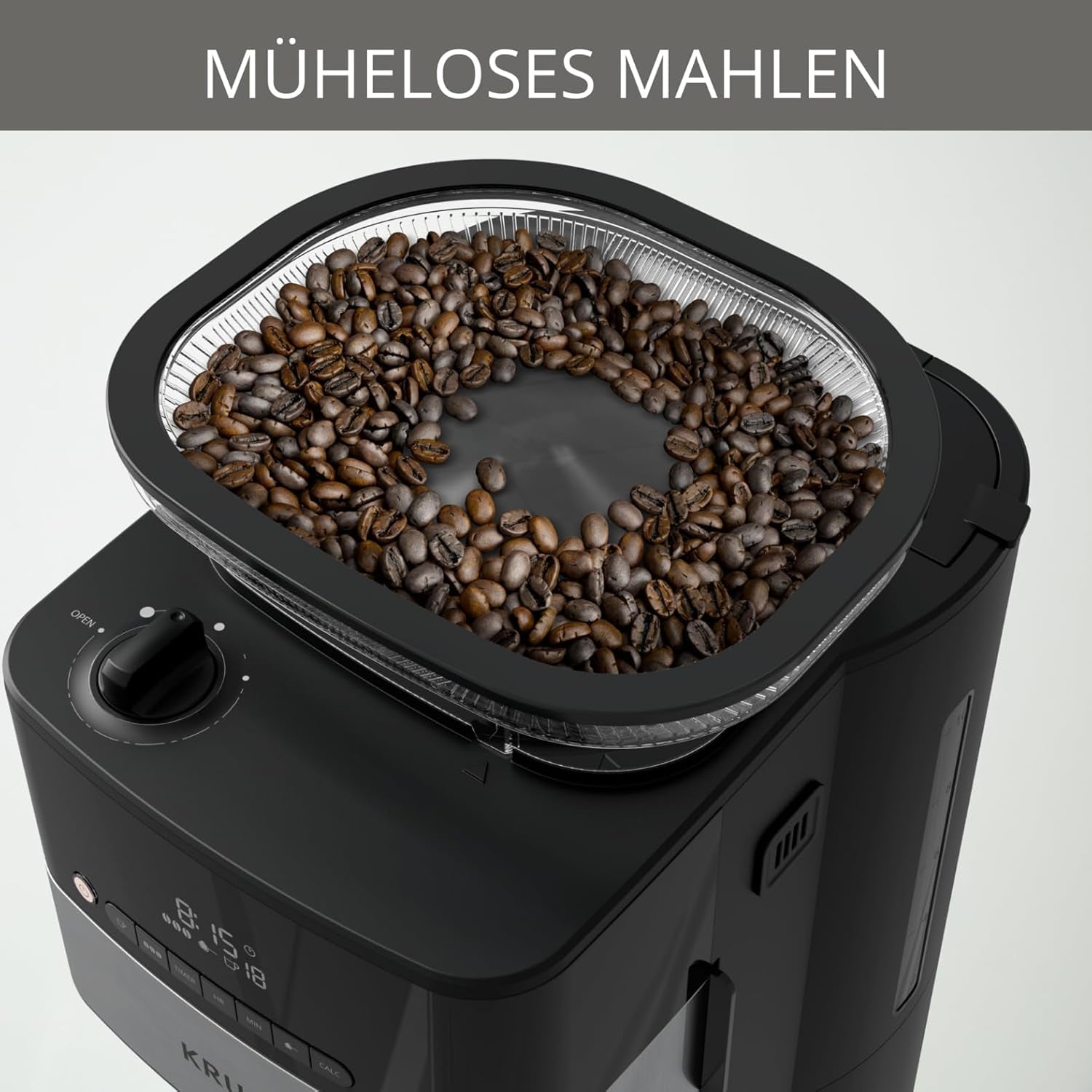 Máquina de café espresso Krups KM8328 Moler con molinillo | Temporizador de 24 horas | Contenedor de cereales 180 g | Capacidad 1,25 l para hasta 15 tazas de café | Función de apagado automático | 3 configuraciones de molienda | Negro
