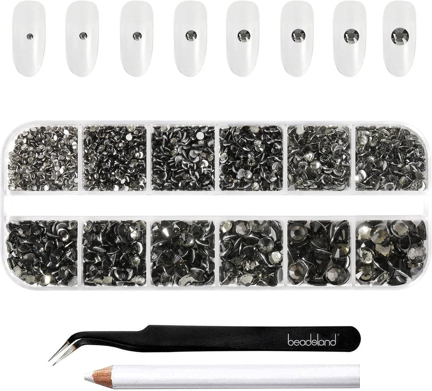 Beadsland 2500 piezas de piedras de cristal para decoración de uñas con parte trasera plana, piedras preciosas para trabajos manuales de 8 tamaños SS4 ~ SS30 con pinzas y puntas (Kristall Weiss)
