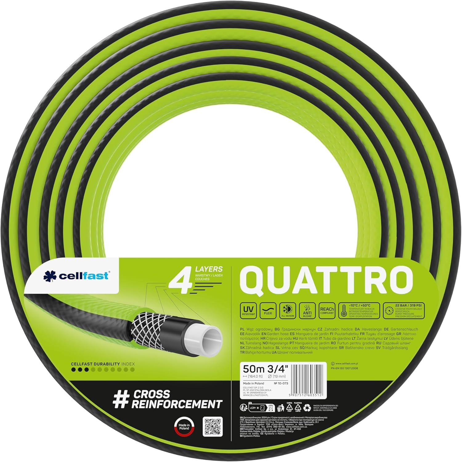 Cellfast QUATTRO Manguera de jardín Durable Liviana 4 capas Manguera de alambre resistente a los rayos UV Trenza cruzada 20 bar 3/4" 15 m 10-074