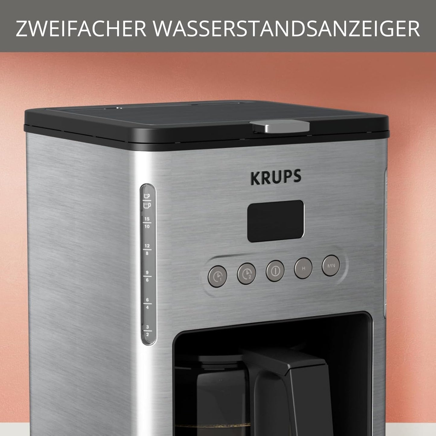 Cafetera espresso con filtro Krups KM442D Premium | 10-15 tazas | 1000 vatios | programable | función mantener caliente | acero inoxidable | negro