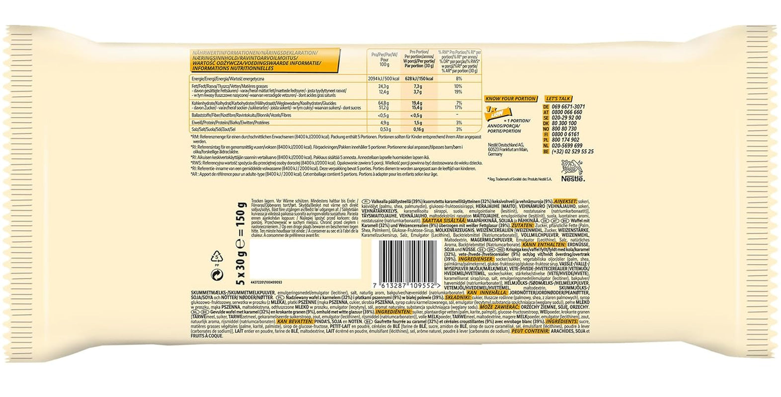 Nestlé LION Multipack, barras de chocolate con glaseado blanco, delicioso relleno de caramelo y oblea crujiente, paquete de caramelos a granel, 1 paquete (5 x 30 g)