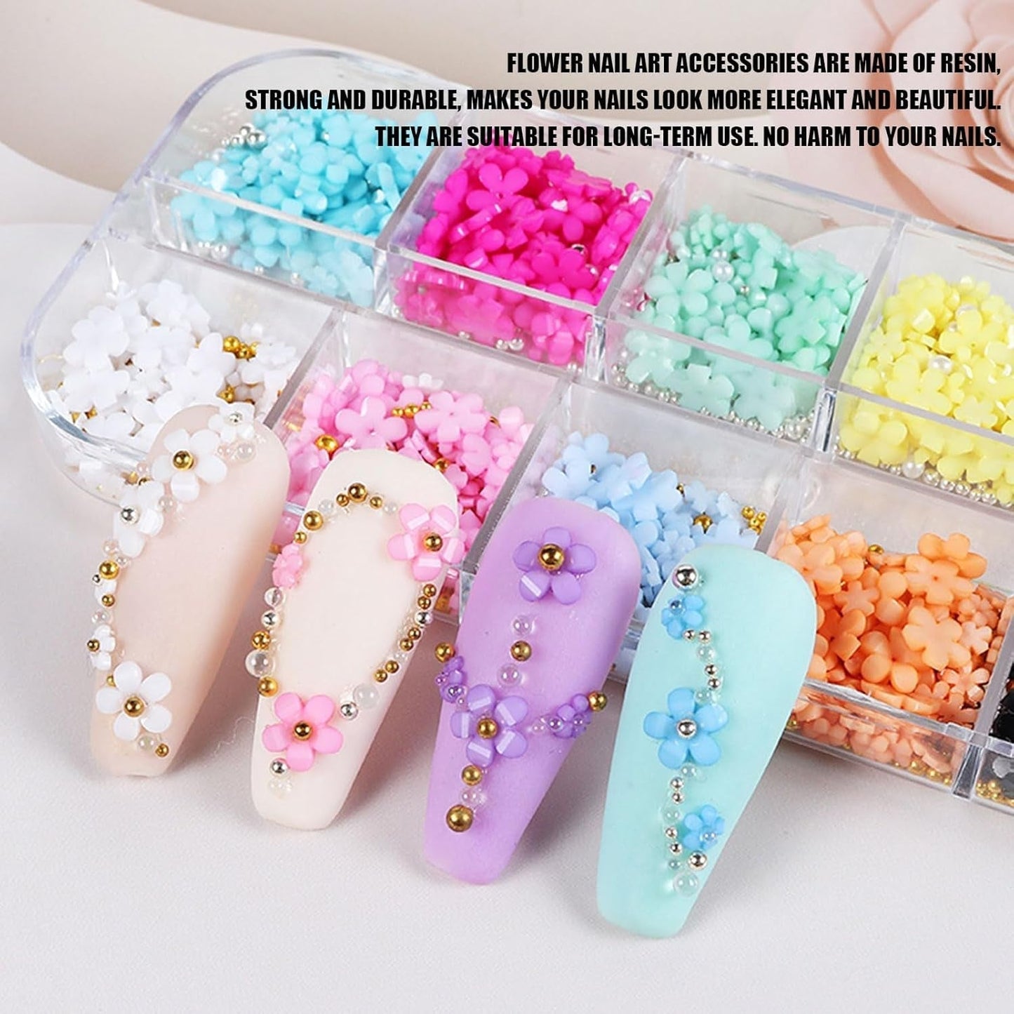 Encantos de uñas de flores 3D, 12 rejillas de resina acrílica, flores y cuentas de plata dorada, uñas de gel de flores, decoraciones de uñas de flores para mujeres y niñas, accesorios de manicura DIY